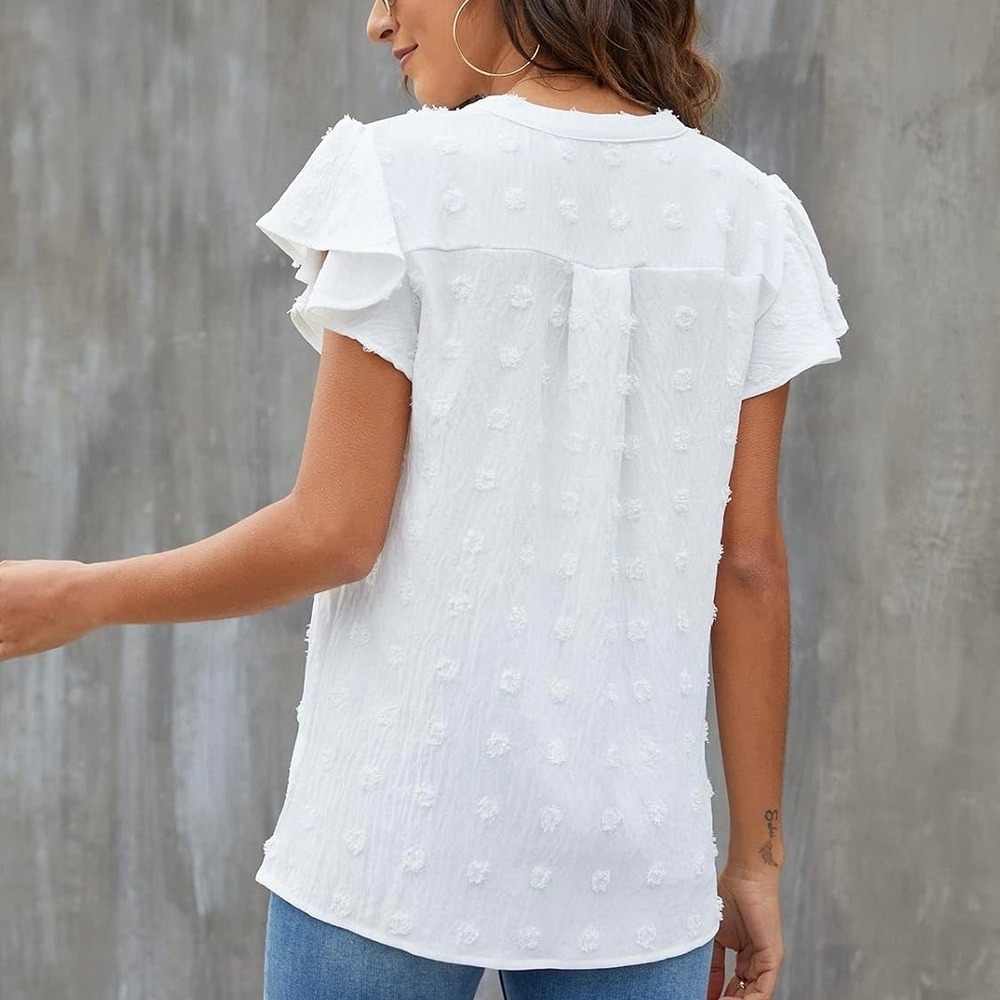 Blooming Jelly White Swiss Dot Flutter Sleeve‎ Split V-Neck Blouse Top Large - Picture 3 of 10